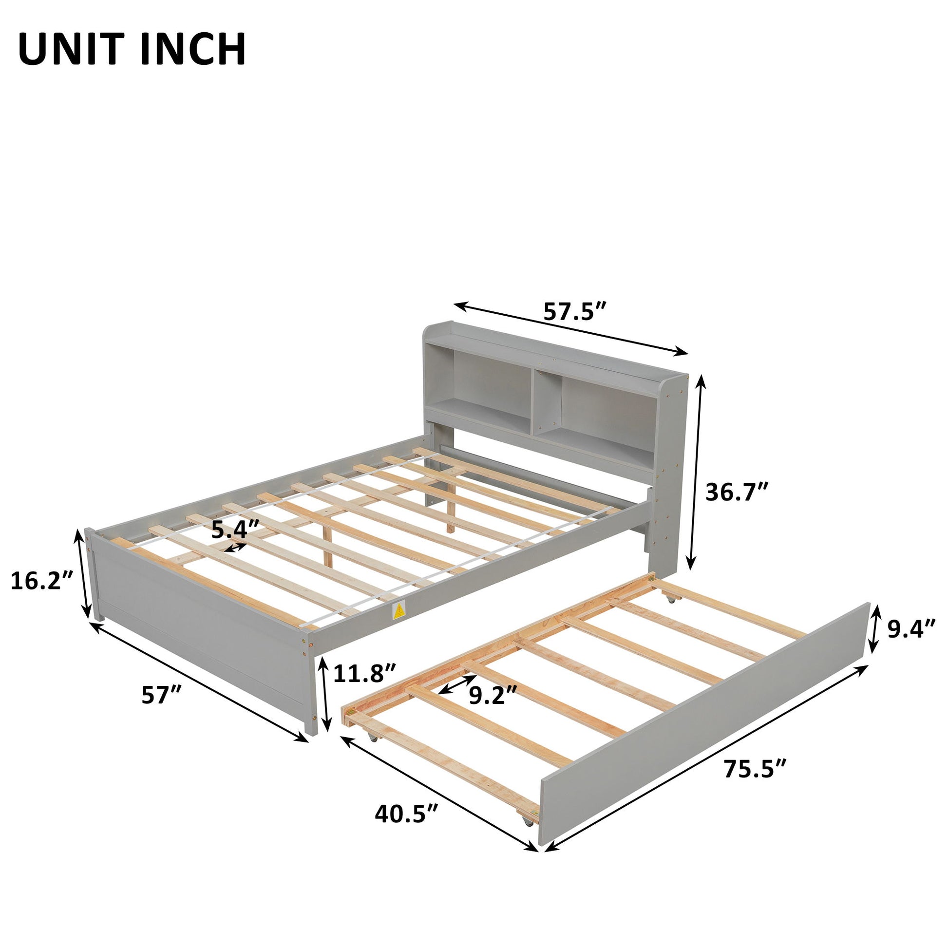 Full Bed With Trundle, Bookcase: gray wooden frame with shelves in the 57.5"W x 36.7"H headboard; main bed 57"W x 75.5"L; pull-out trundle measures 40.5"W x 75.5"L.