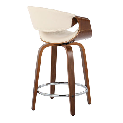 The Symphony Mid-Century Modern Counter Stools (set of 2) feature swivel seats, walnut curved wood frames, cream cushioning, and round chrome footrests for a sleek retro look.