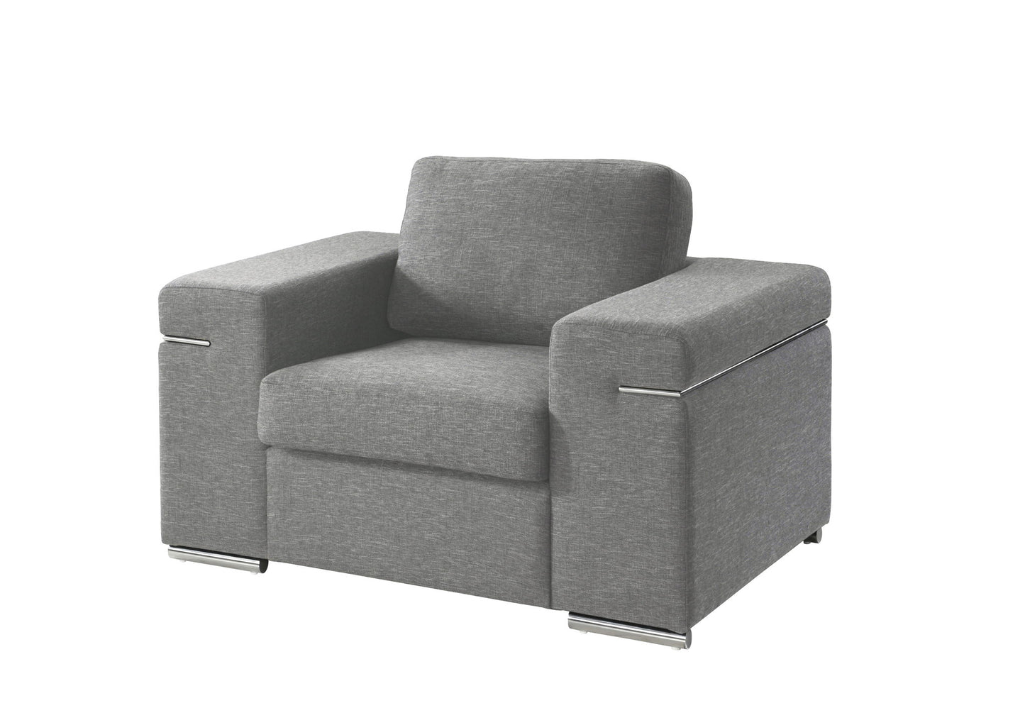 The Gianna Fabric Arm Chair features modern gray upholstery, wide cushioned arms, and chrome accents on the sides and feet, shown against a white background.