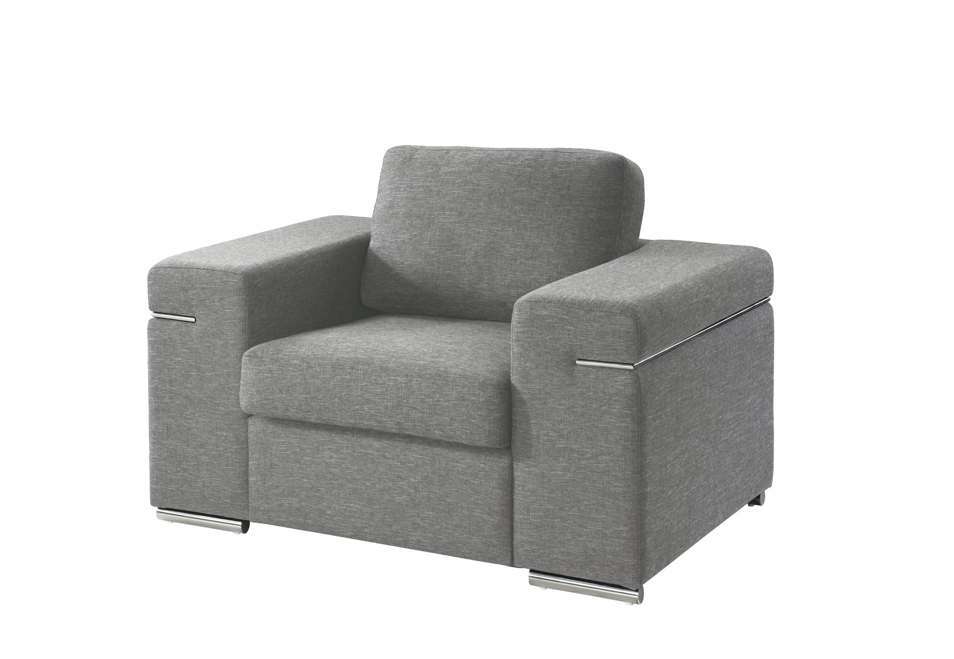 The Gianna Fabric Arm Chair features modern gray upholstery, wide cushioned arms, and chrome accents on the sides and feet, shown against a white background.