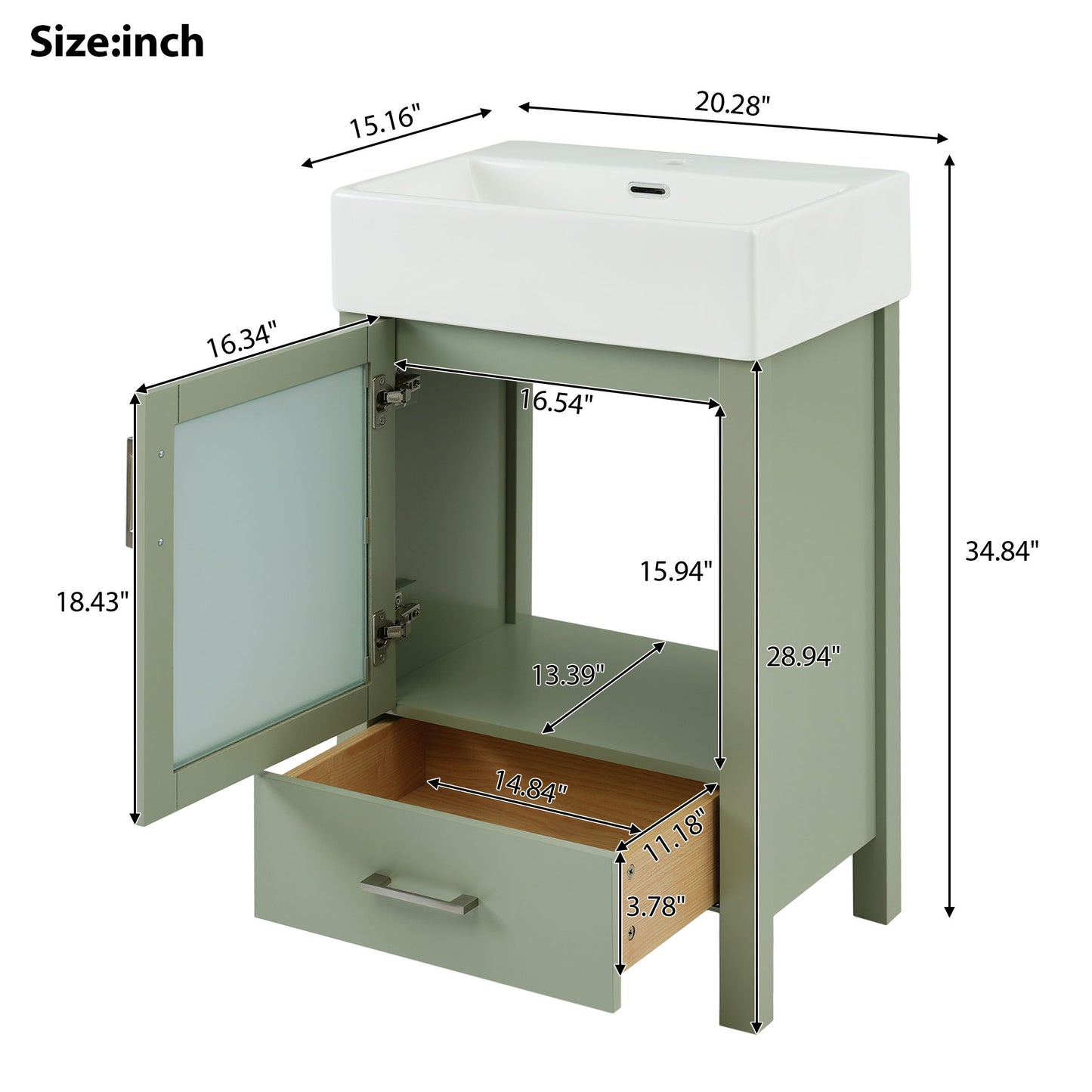 The Bathroom Vanity With Ceramic Sink And Ample Storage, ideal for small bathrooms, features a green finish, white ceramic sink, two open cabinet doors showing storage space, and a pulled-out bottom drawer with labeled dimensions in inches.