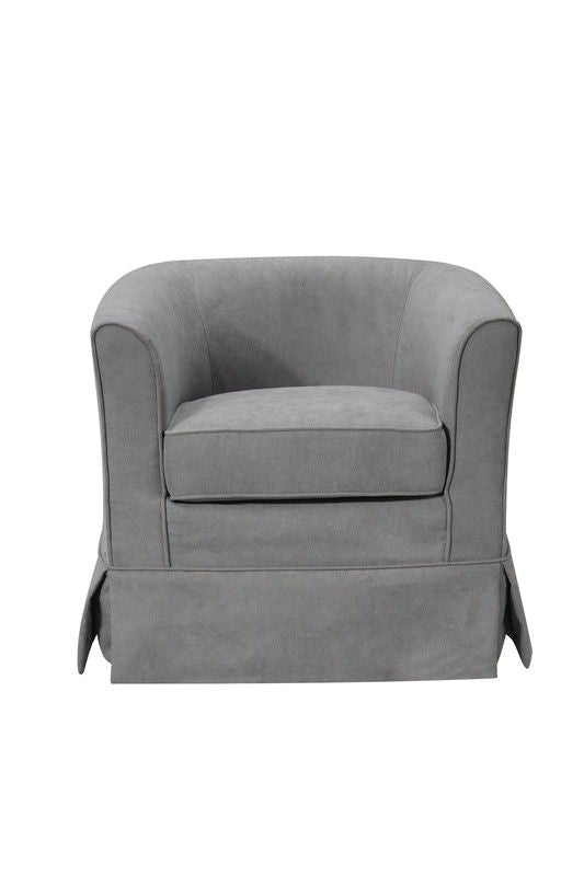 The Tucker Woven Fabric Swivel Barrel Chair features gray upholstery, a skirted base, and a curved backrest, shown against a plain white background.