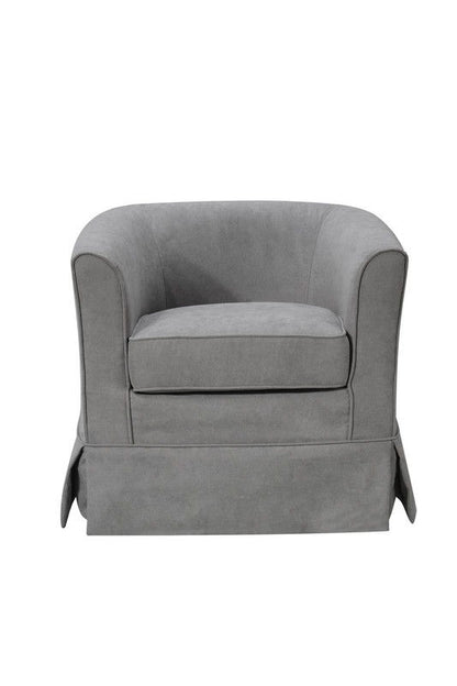 The Tucker Woven Fabric Swivel Barrel Chair features gray upholstery, a skirted base, and a curved backrest, shown against a plain white background.