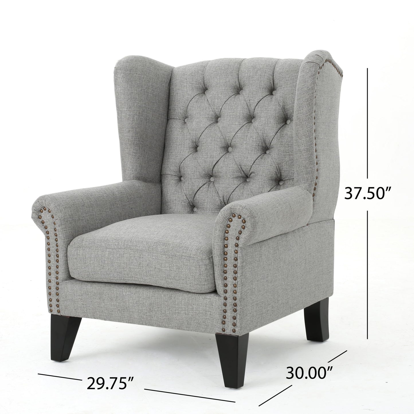 The Mid Century Modern Arm Reading Chair for Living Room features gray button-tufted upholstery, nailhead trim, and dark wood legs. Measures 37.5"H x 30"D x 29.75"W and is displayed against a plain white background.