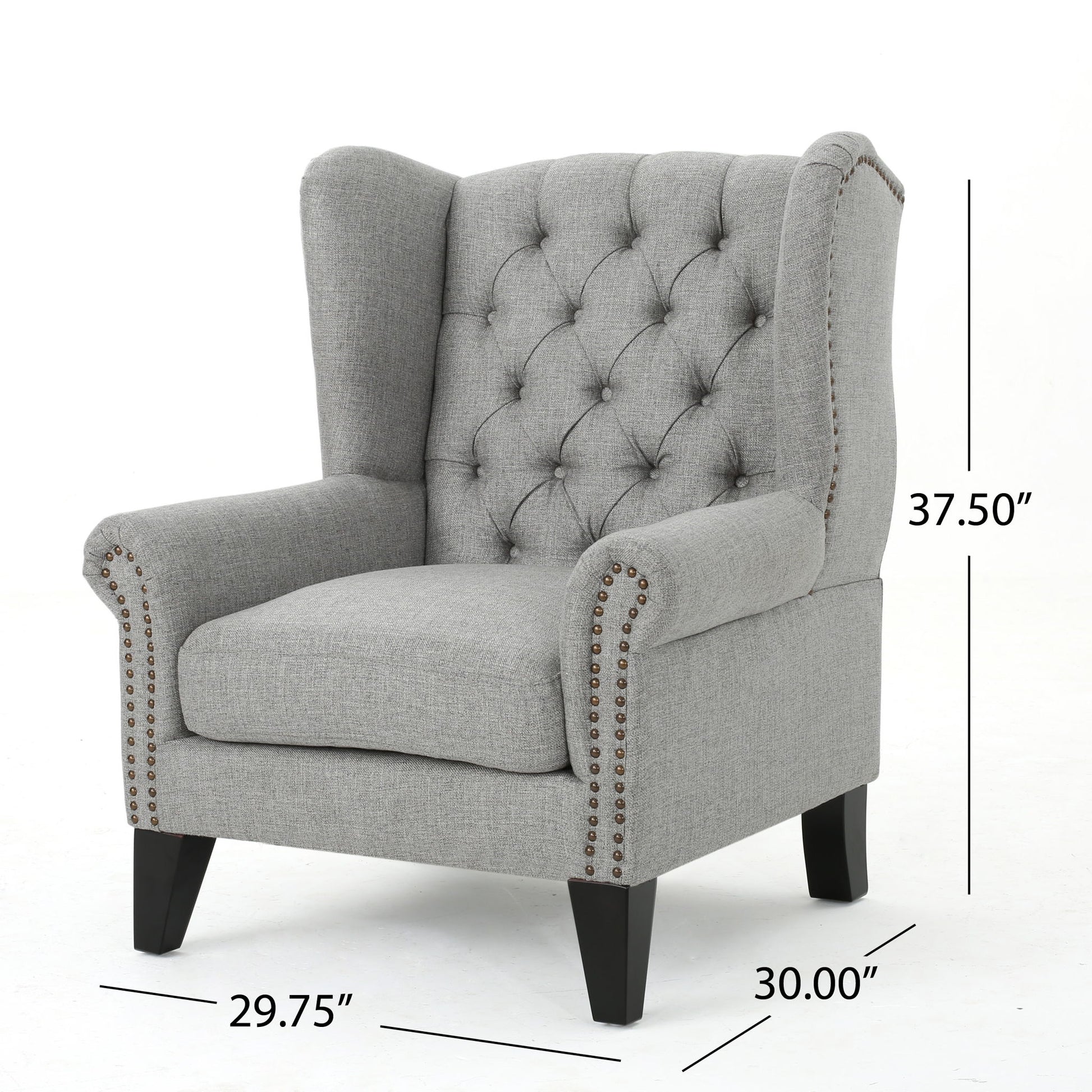 The Mid Century Modern Arm Reading Chair for Living Room features gray button-tufted upholstery, nailhead trim, and dark wood legs. Measures 37.5"H x 30"D x 29.75"W and is displayed against a plain white background.