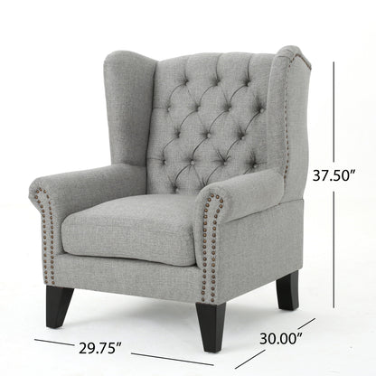 The Mid Century Modern Arm Reading Chair for Living Room features gray button-tufted upholstery, nailhead trim, and dark wood legs. Measures 37.5"H x 30"D x 29.75"W and is displayed against a plain white background.