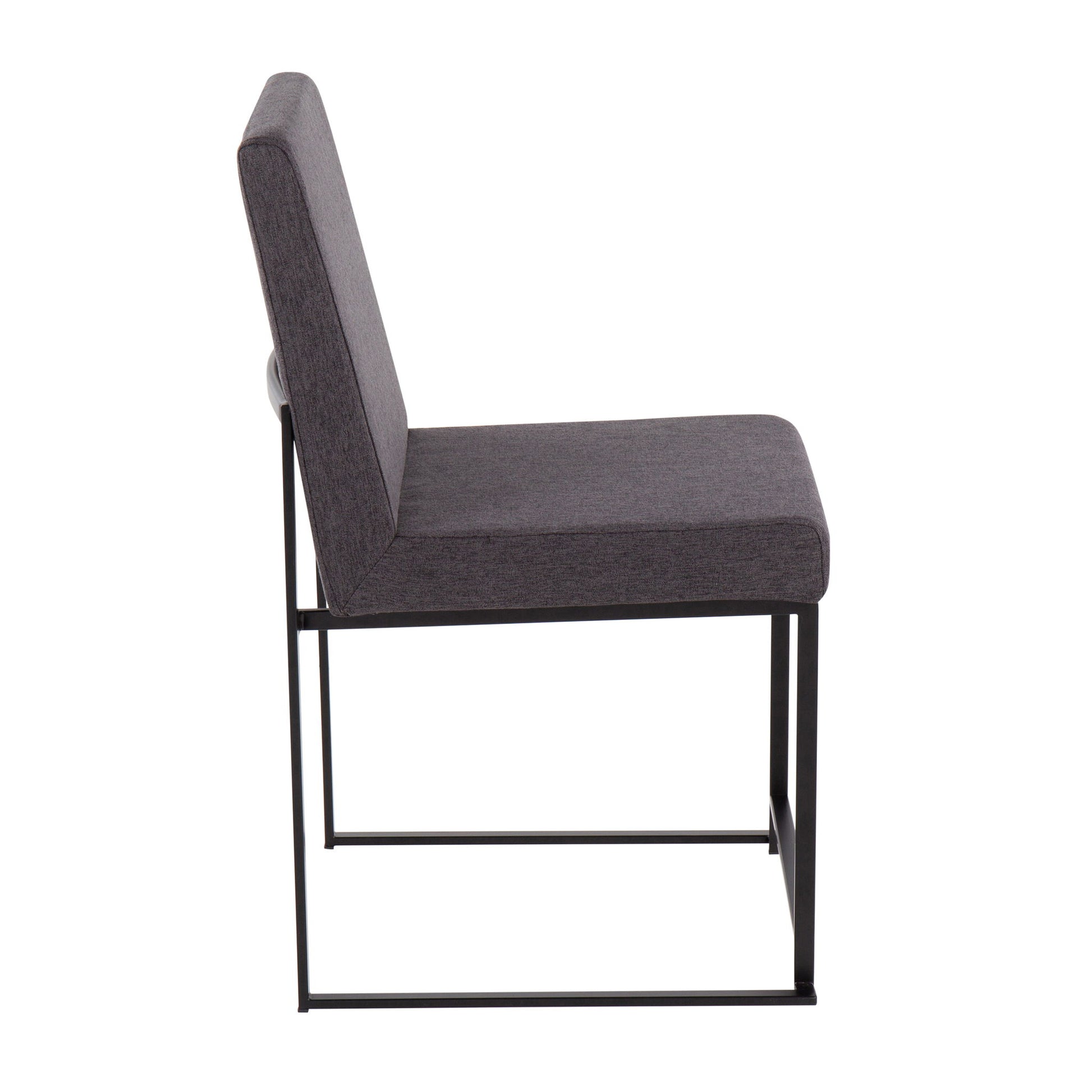 The Fuji High Back Dining Chair set features a contemporary design with dark gray cushioned seats and backrests, supported by minimalist black metal frames, shown from the side against a white background.