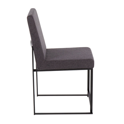 The Fuji High Back Dining Chair set features a contemporary design with dark gray cushioned seats and backrests, supported by minimalist black metal frames, shown from the side against a white background.