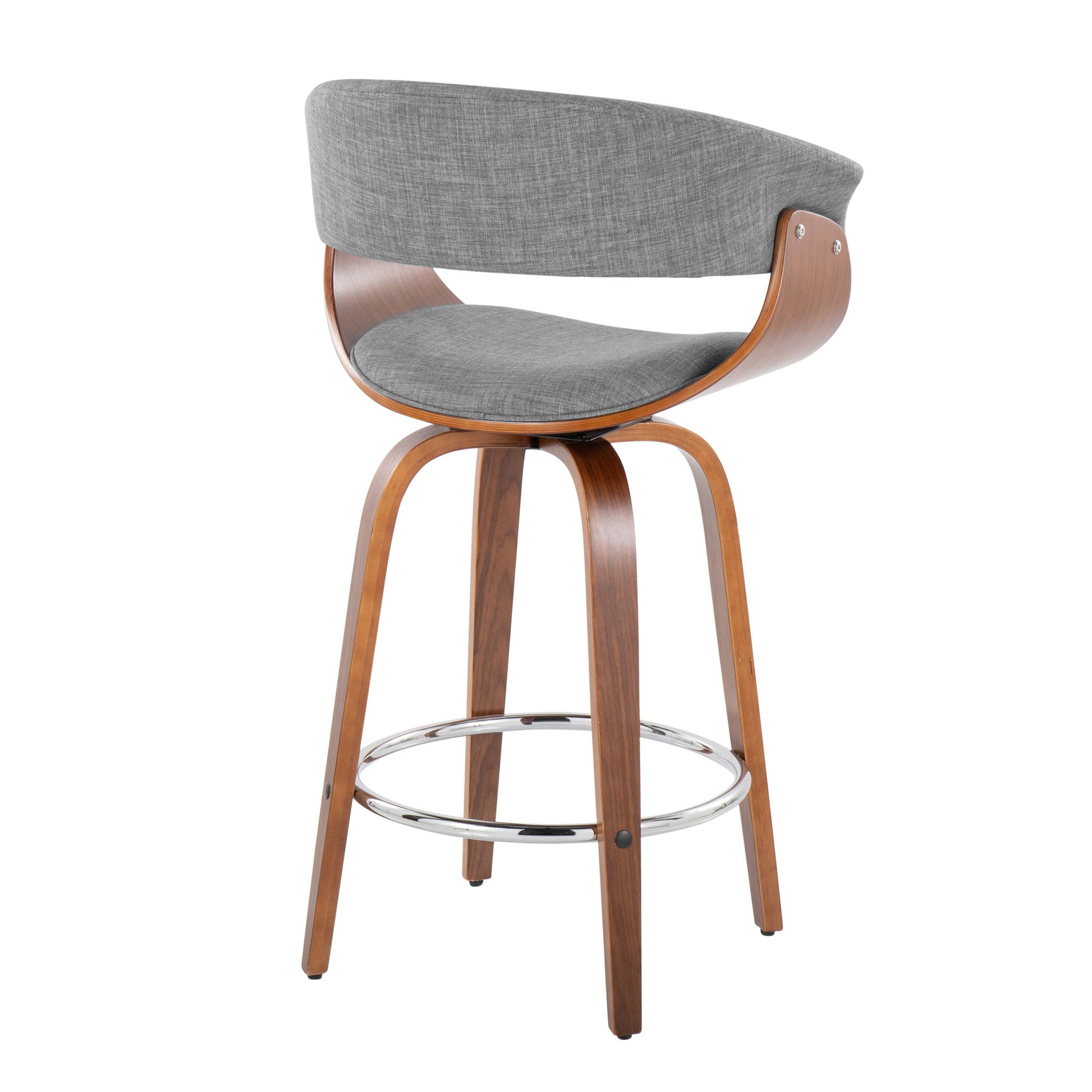 The Vintage Mod - Mid Century Modern Fixed Height Counter Stool features a curved wooden frame, gray upholstered seat and backrest, swivel function, and round chrome footrest—blending mid-century and contemporary styles. Set of 2.