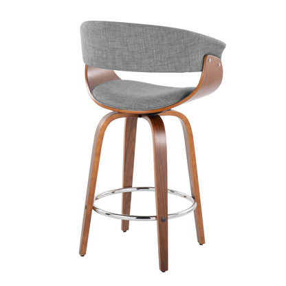 The Vintage Mod - Mid Century Modern Fixed Height Counter Stool features a curved wooden frame, gray upholstered seat and backrest, swivel function, and round chrome footrest—blending mid-century and contemporary styles. Set of 2.