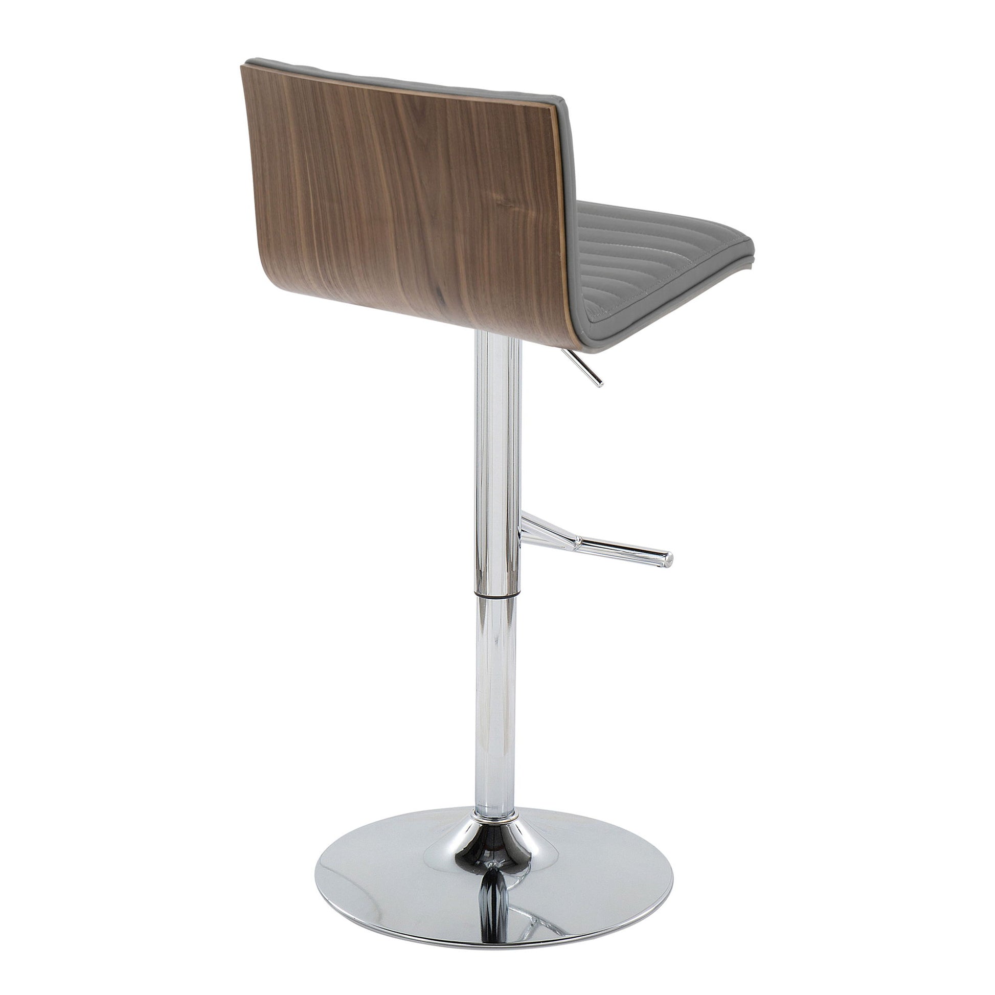 The Mason barstool set features a wooden backrest, padded gray seat, and shiny chrome base with a straight T footrest—shown from an angled rear view.