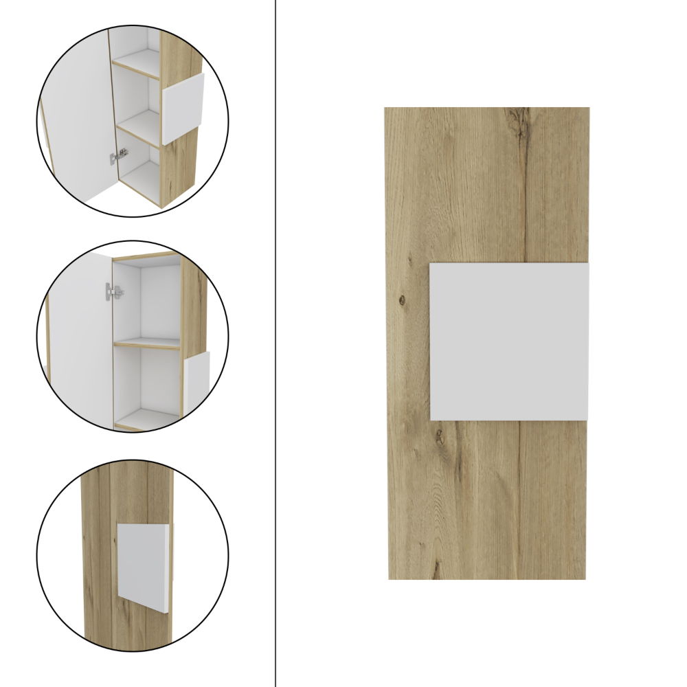 The Medicine Single Door Cabinet, Three Shelves - Light Oak / White is shown closed (right) and in three circular images (left) open, revealing its three internal shelves.