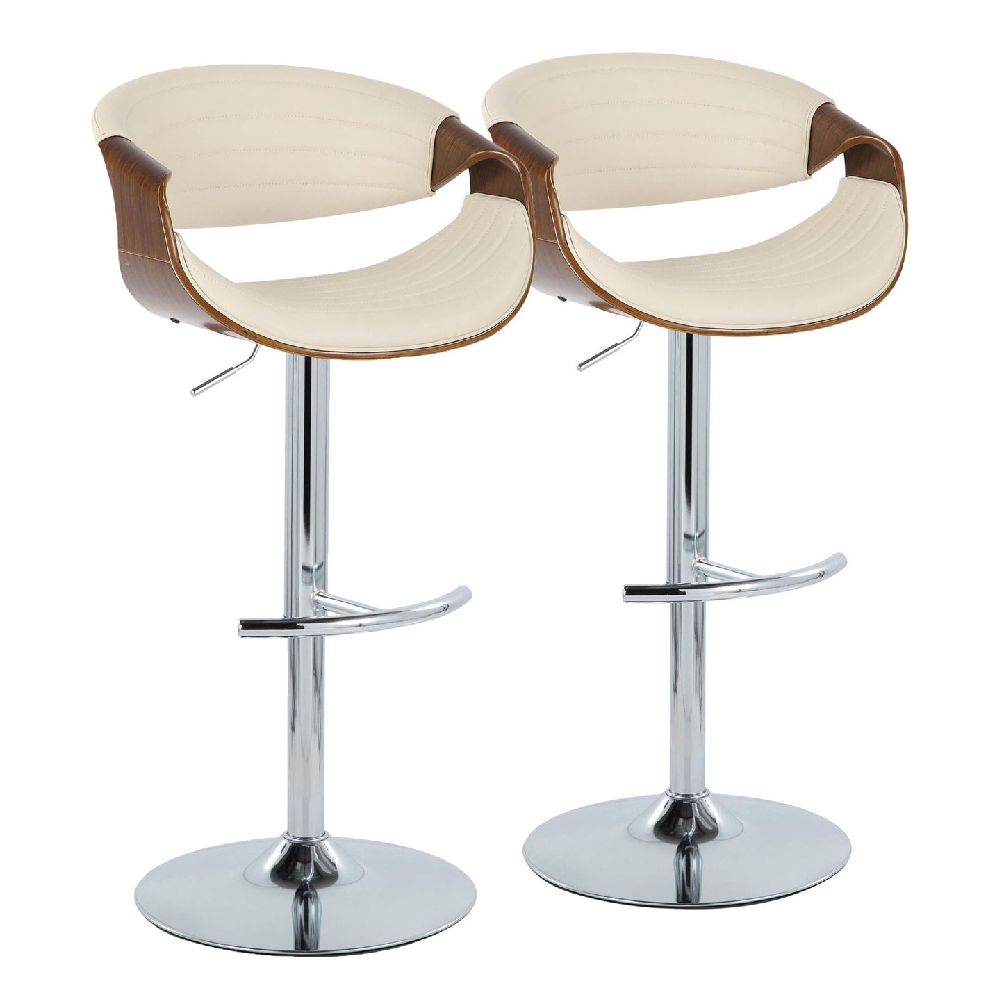 The Symphony Mid Century Modern Adjustable Barstools (set of 2) feature curved wooden backs, cream padded seats, rounded T footrests, and chrome bases, shown side by side on a white background.