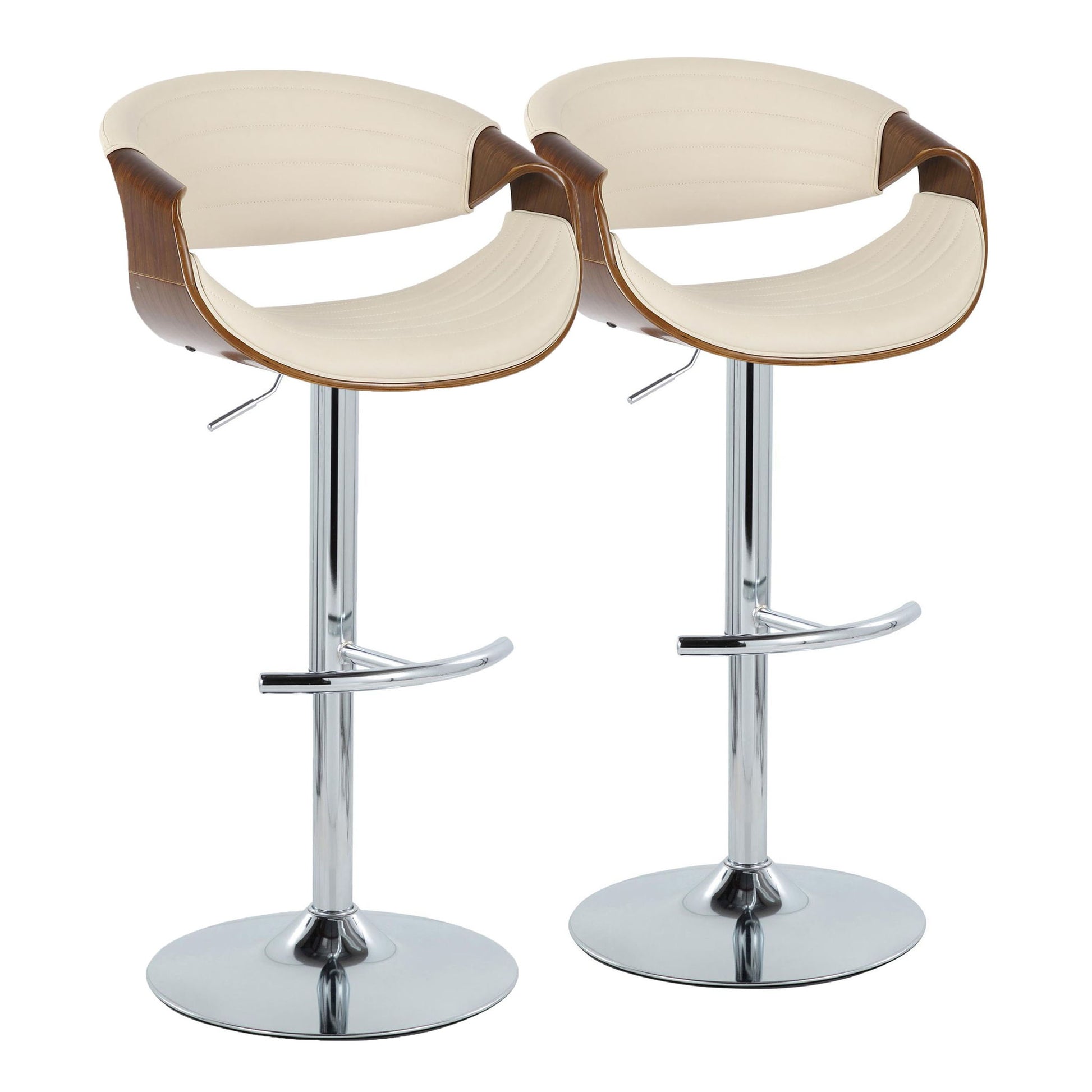 The Symphony Mid Century Modern Adjustable Barstools (set of 2) feature curved wooden backs, cream padded seats, rounded T footrests, and chrome bases, shown side by side on a white background.