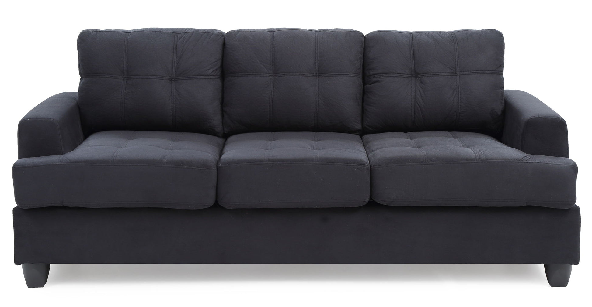 The Sandridge Sofa is a black, three-seater with square tufted cushions and armrests on both sides, shown against a white background.