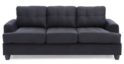 The Sandridge Sofa is a black, three-seater with square tufted cushions and armrests on both sides, shown against a white background.