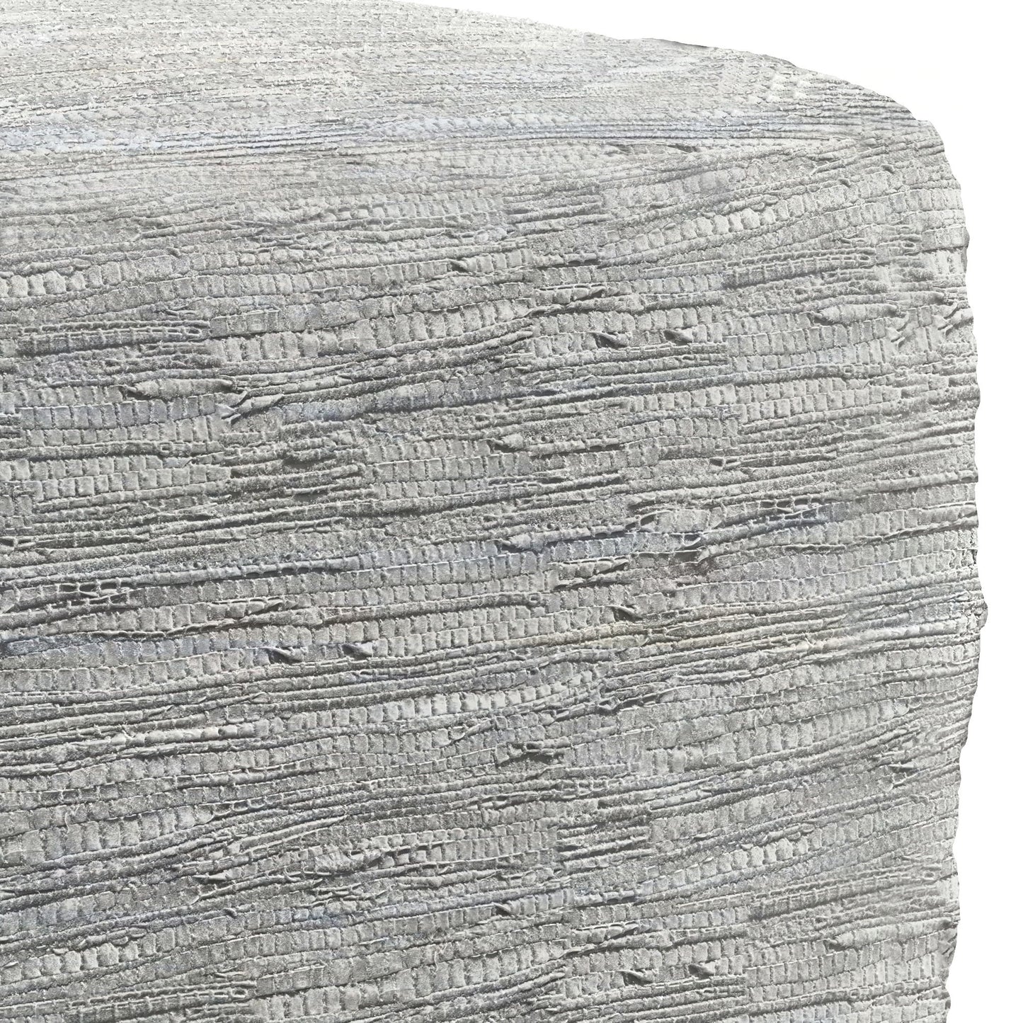Close-up of Fredrik - Handcrafted Square Pouf featuring a textured light gray fabric with an irregular, horizontal woven pattern and subtle raised details.