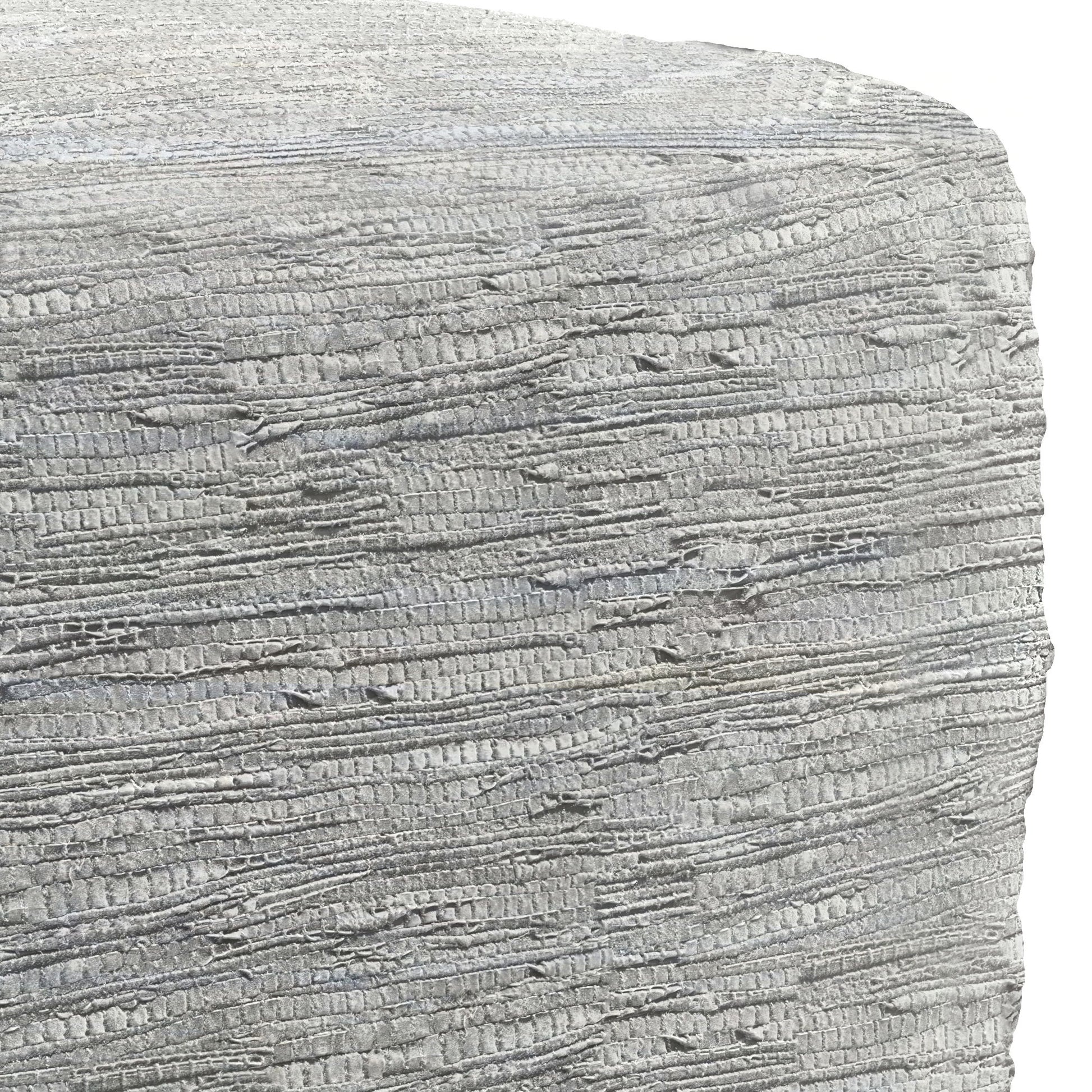 Close-up of Fredrik - Handcrafted Square Pouf featuring a textured light gray fabric with an irregular, horizontal woven pattern and subtle raised details.