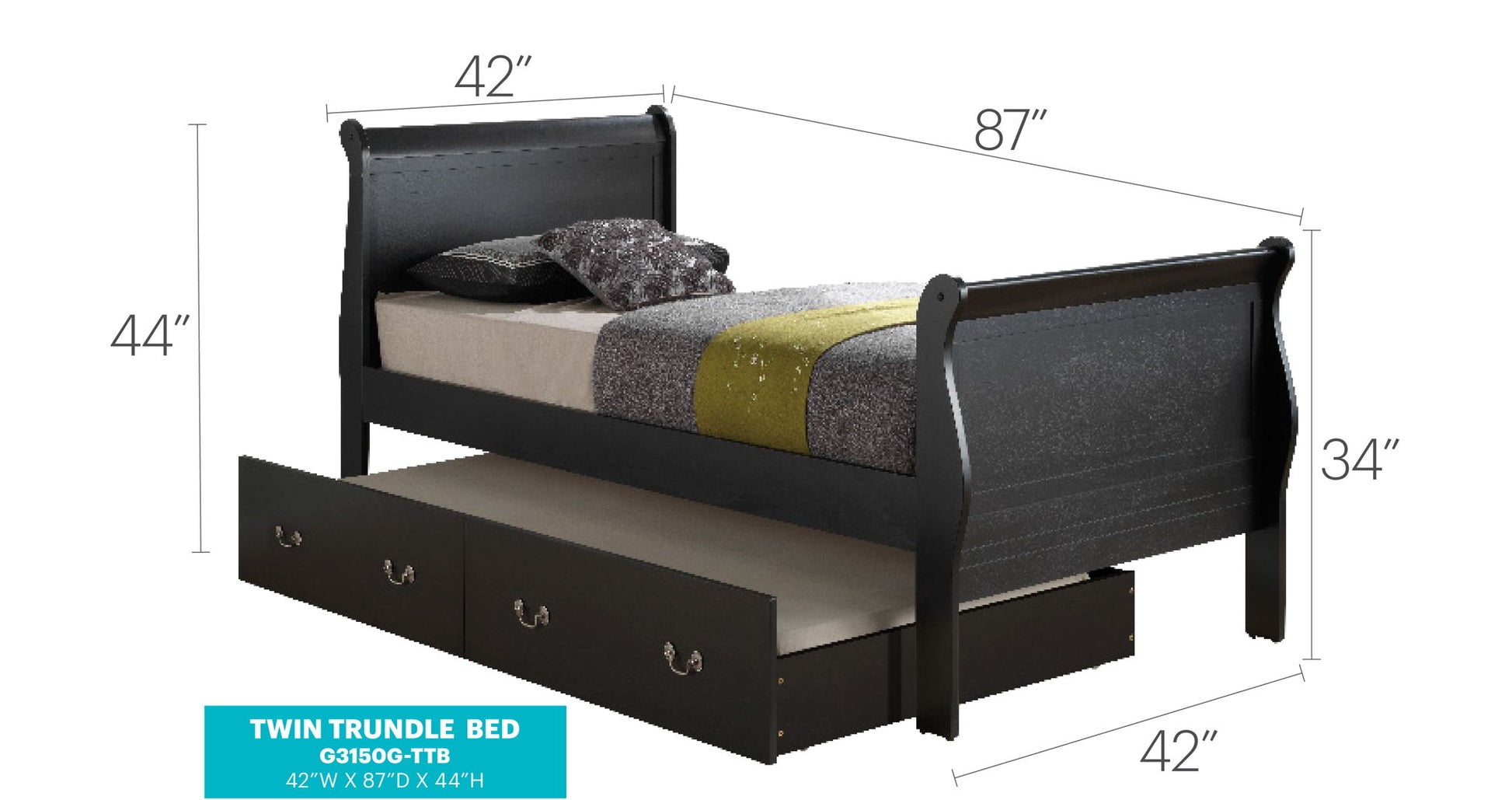 The Elegant Trundle Bed With Timeless Charm features a dark wood finish, curved headboard (44") and footboard (34"), plus a trundle drawer with three handles. Shown with bedding. Dimensions: 87"L x 42"W.