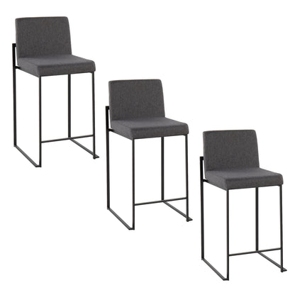 Three Fuji Contemporary Modern Elegance High Back Counter Stools with dark gray cushioned seats and black metal frames are arranged in a staggered, descending formation from left to right on a white background.