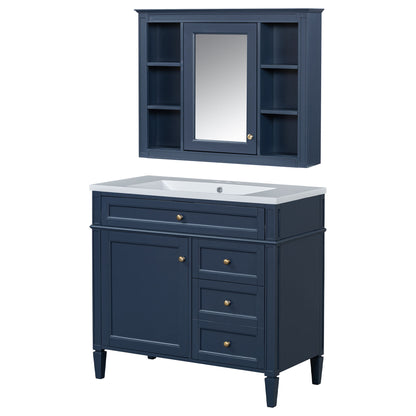 Bathroom Vanity With Top Sink, Storage Cabinet With Mirror, 2 Doors, 3 Drawers, 6 Open Shelves