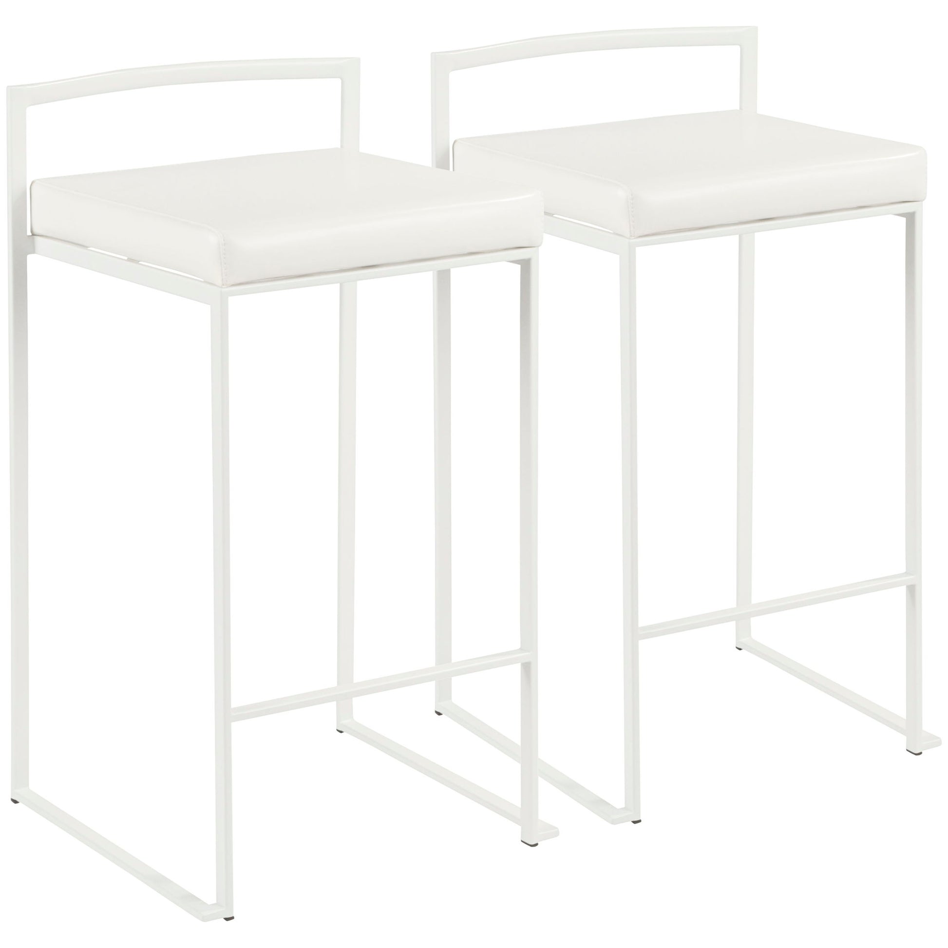 Two Fuji - Simple Elegance contemporary stackable counter stools with white square cushioned seats, metal frames, and minimalist geometric legs are placed side by side against a white background.