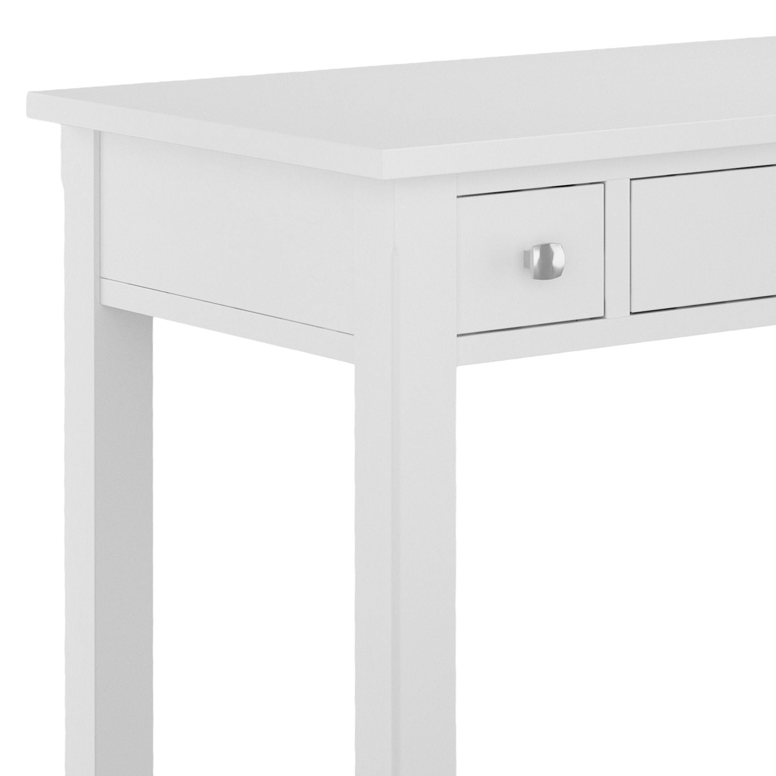A close-up of the Avalon - Handcrafted Writing Office Desk shows its modern white finish, straight legs, and single drawer with a round silver knob, highlighting its simple and minimalist design.