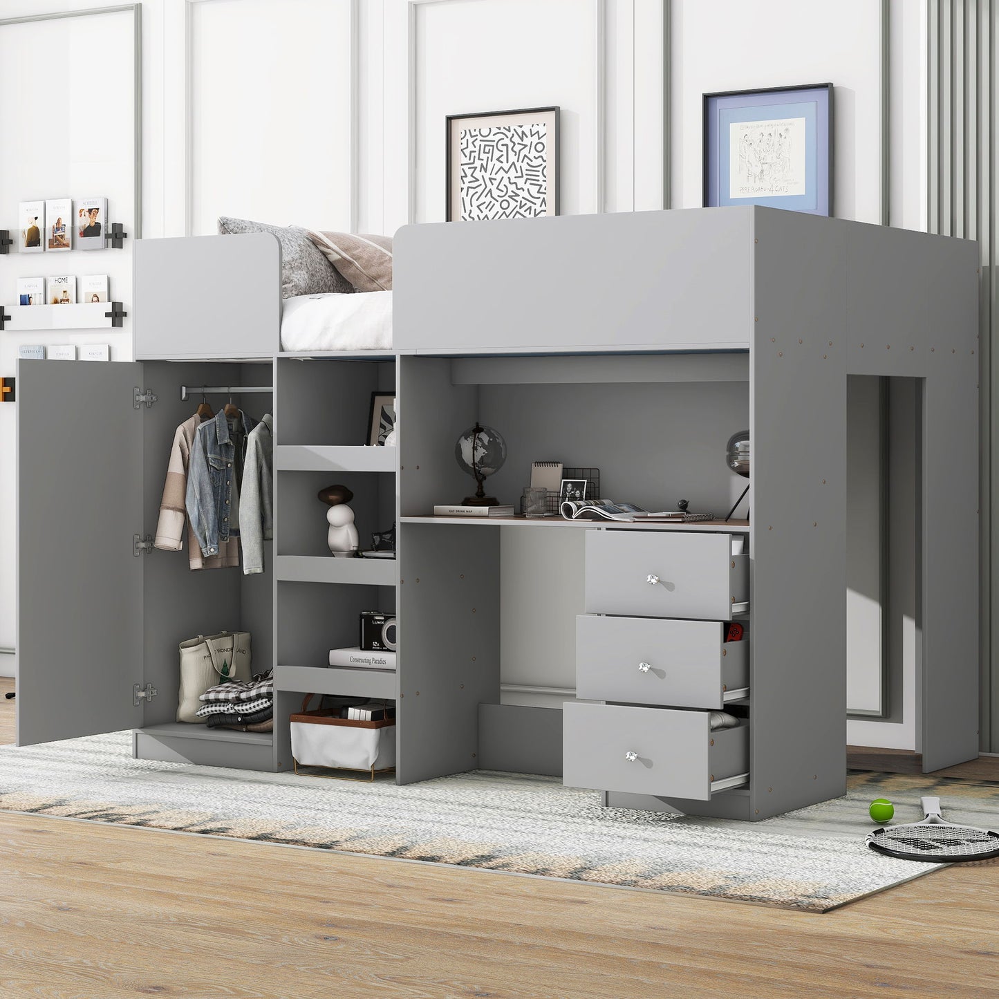 Loft Bed With Built In Wardrobe, Desk, Shelves, And Drawers