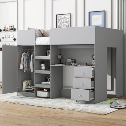 Loft Bed With Built In Wardrobe, Desk, Shelves, And Drawers