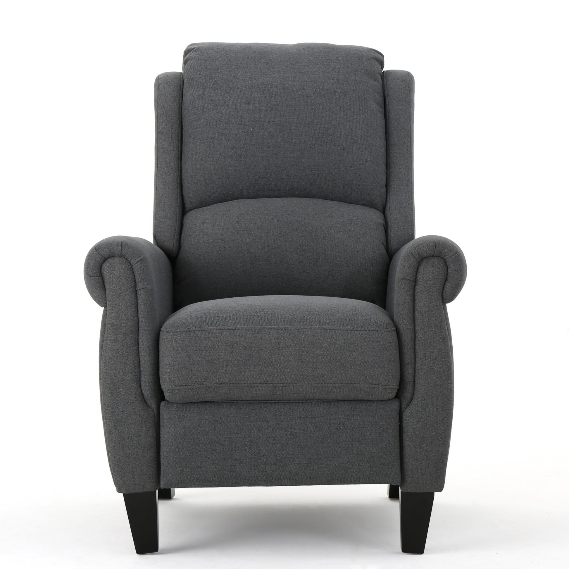 A front view of the Contemporary Push Back Recliner Chair in dark gray upholstery, featuring rolled arms, a cushioned backrest, and black wooden legs, set against a plain white background.