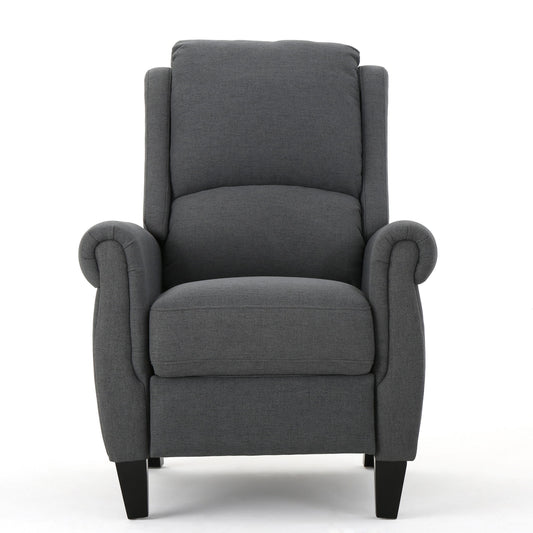 A front view of the Contemporary Push Back Recliner Chair in dark gray upholstery, featuring rolled arms, a cushioned backrest, and black wooden legs, set against a plain white background.
