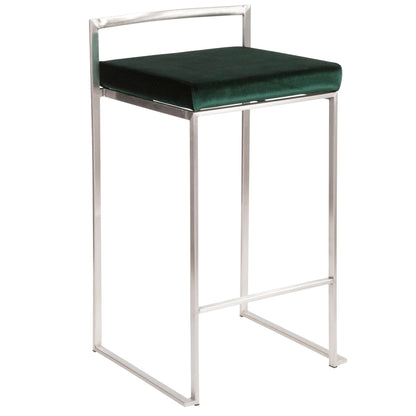 The Fuji - Contemporary Elegant Stackable Counter Stool Set features a sleek silver metal frame, square dark green cushioned seat, minimalist design, low backrest, and open sides.