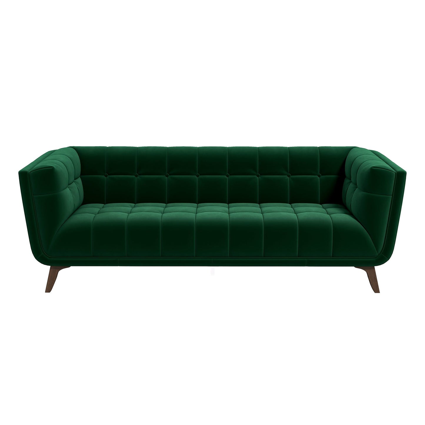 The Addison sofa features a mid-century modern design with dark green velvet upholstery, deep tufted cushions, angled arms, and wooden legs, shown against a white background.
