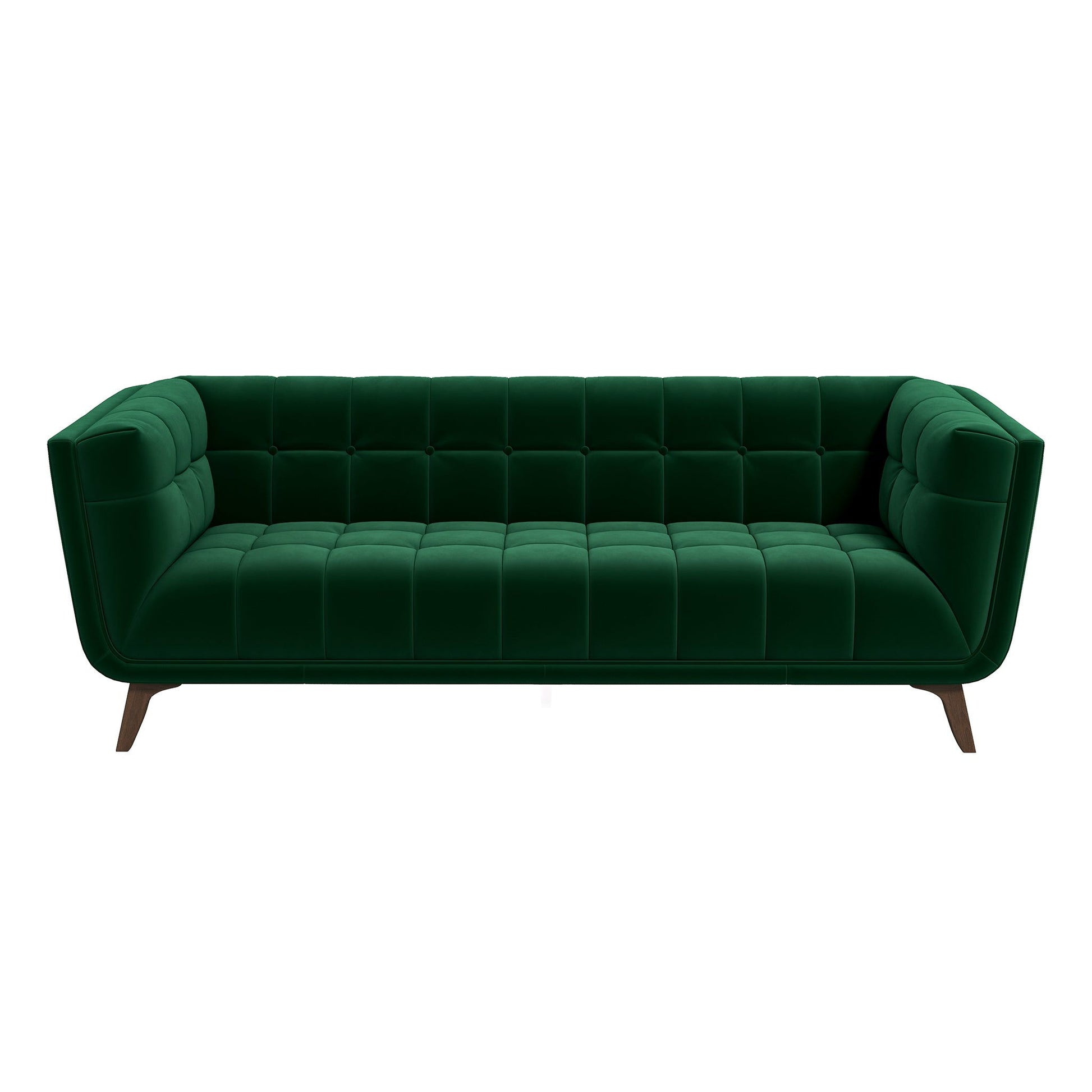 The Addison sofa features a mid-century modern design with dark green velvet upholstery, deep tufted cushions, angled arms, and wooden legs, shown against a white background.