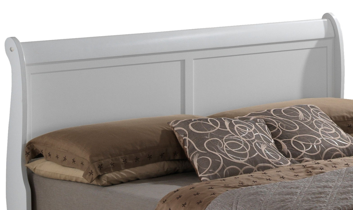 A Panel Sleigh Bed with a white wooden, slightly curved headboard features beige and gray geometric-patterned pillows and a brown star-patterned sheet.