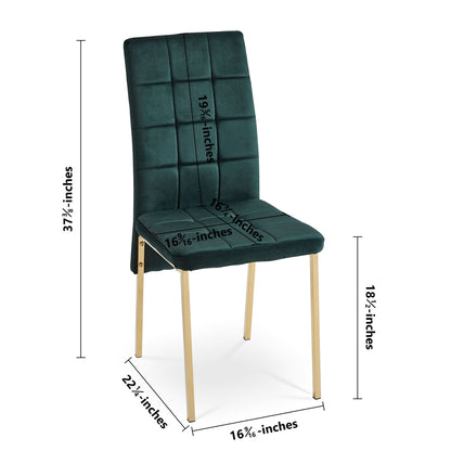 The Velvet High Back Nordic Dining Chair features modern upholstery and golden color legs. Dimensions: 37½" H, 22¼" D, 16½" W, seat height 18½", seat depth 16½", back height 19½".