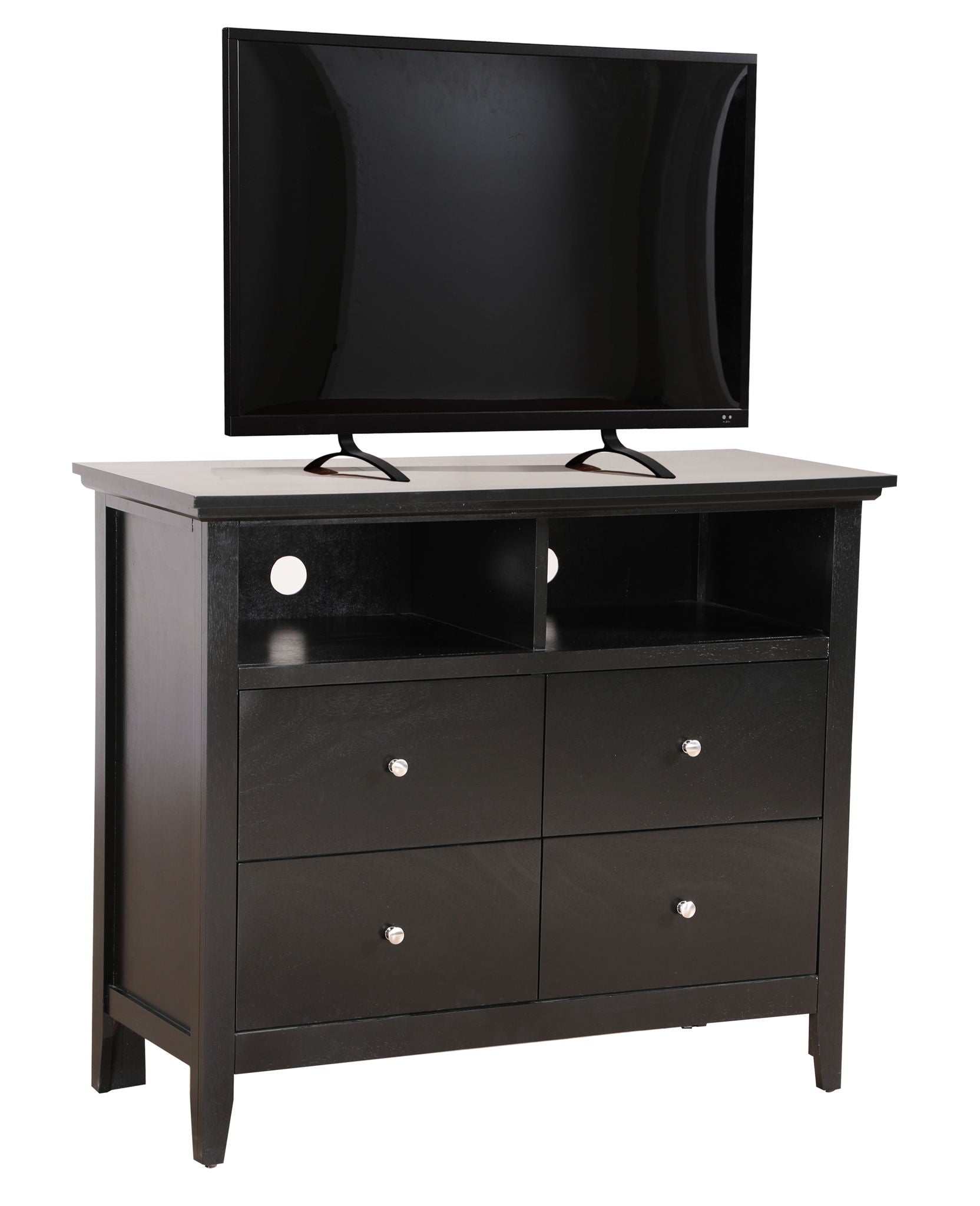 A flat-screen TV sits atop the Charming Media Chest With Storage, a black wooden dresser featuring four drawers and two open shelves with circular cutouts at the back for cable management.