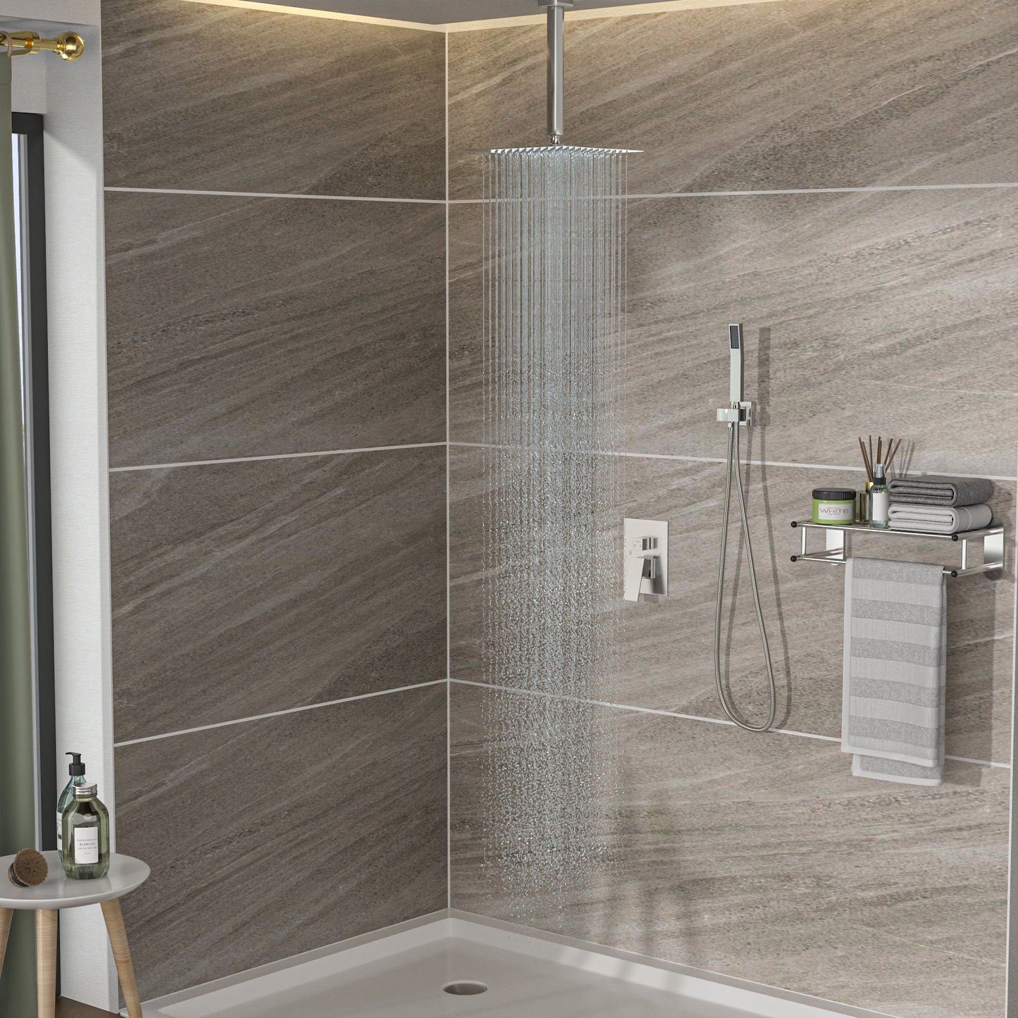 Dual Shower Head System With Ceiling Mount And Rough In Valve
