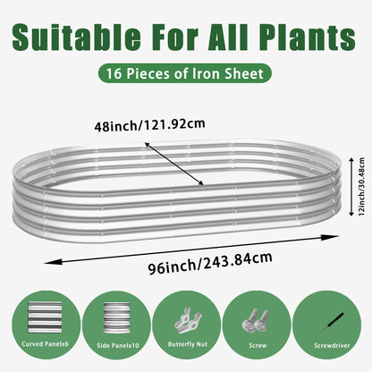 Illustration of the Heavy Duty Galvanized Raised Garden Bed Kit for Vegetables, Flowers & Herbs, size 96x48x12 inches. Labeled "Suitable for All Plants." Features icons: 6 curved panels, 10 side panels, butterfly nuts, screws & screwdriver.