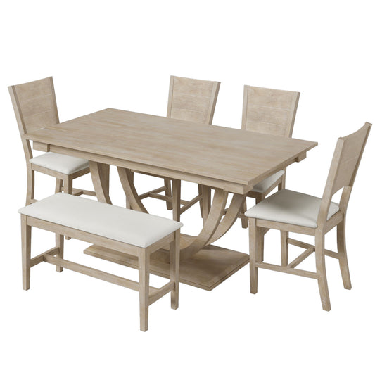 The Topmax 6 Piece Wood Half Round Dining Table Set includes a modern rectangular table with a curved base, four matching chairs with cream cushions, and a cushioned bench—perfect for stylish dining.