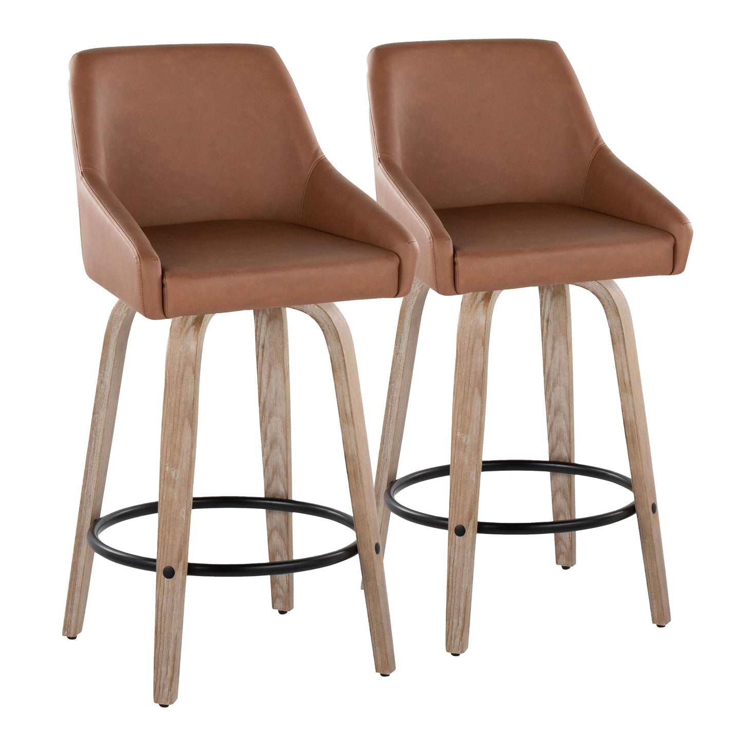 Set of 2 Hannah Transitional Fixed Height Counter Stools feature swivel seats, curved padded brown leather backs and seats, light wooden legs, and black round footrests, shown side by side against a white background.