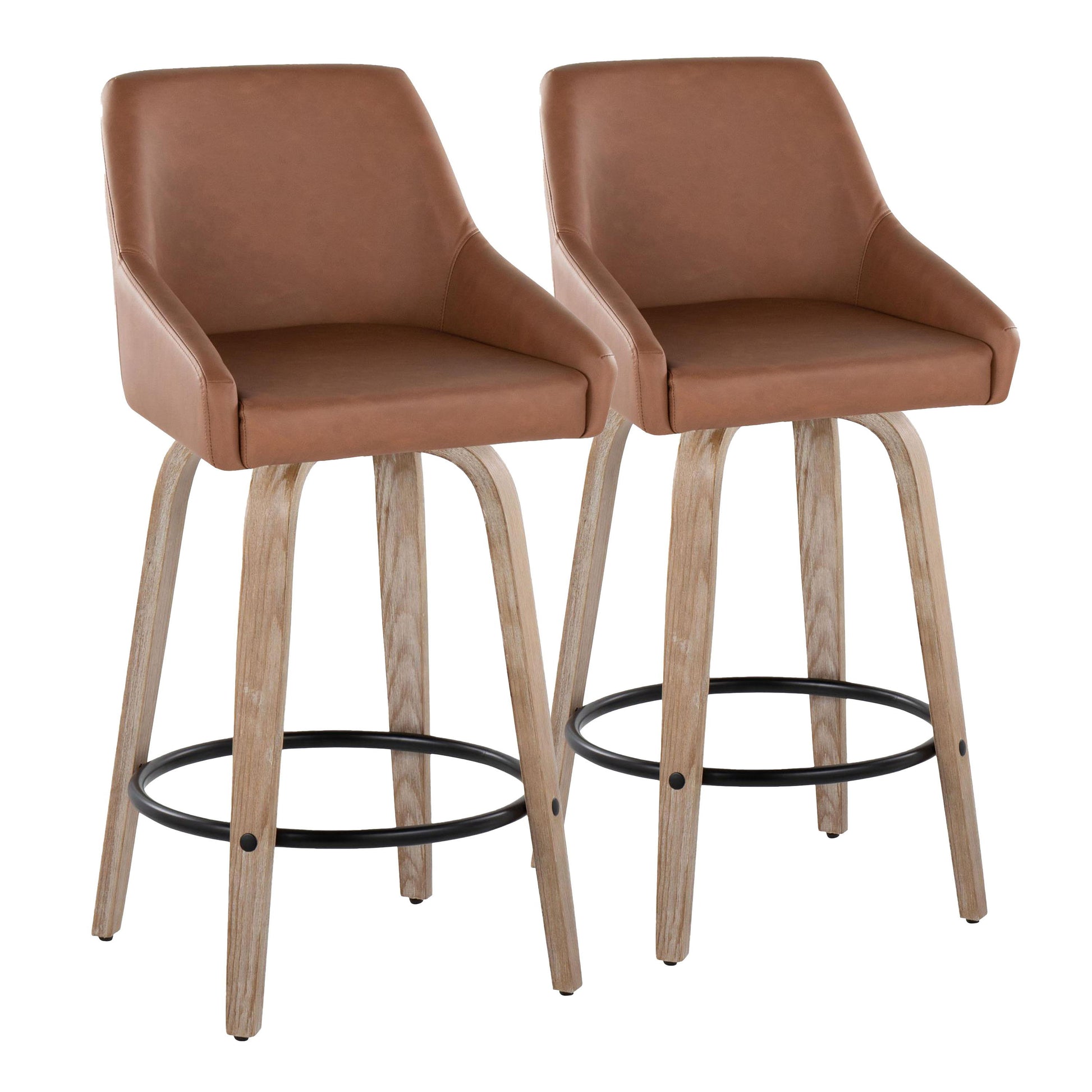 Set of 2 Hannah Transitional Fixed Height Counter Stools feature swivel seats, curved padded brown leather backs and seats, light wooden legs, and black round footrests, shown side by side against a white background.