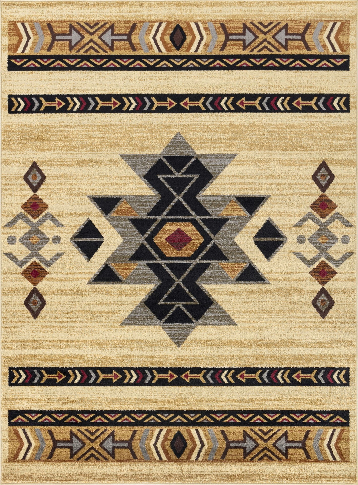 The Tribes GC_YLS4006 Southwest Area Rug features a beige base with a bold central geometric pattern in black, gray, and red, accented by smaller symmetrical shapes and horizontal bands with earthy arrow and diamond motifs.