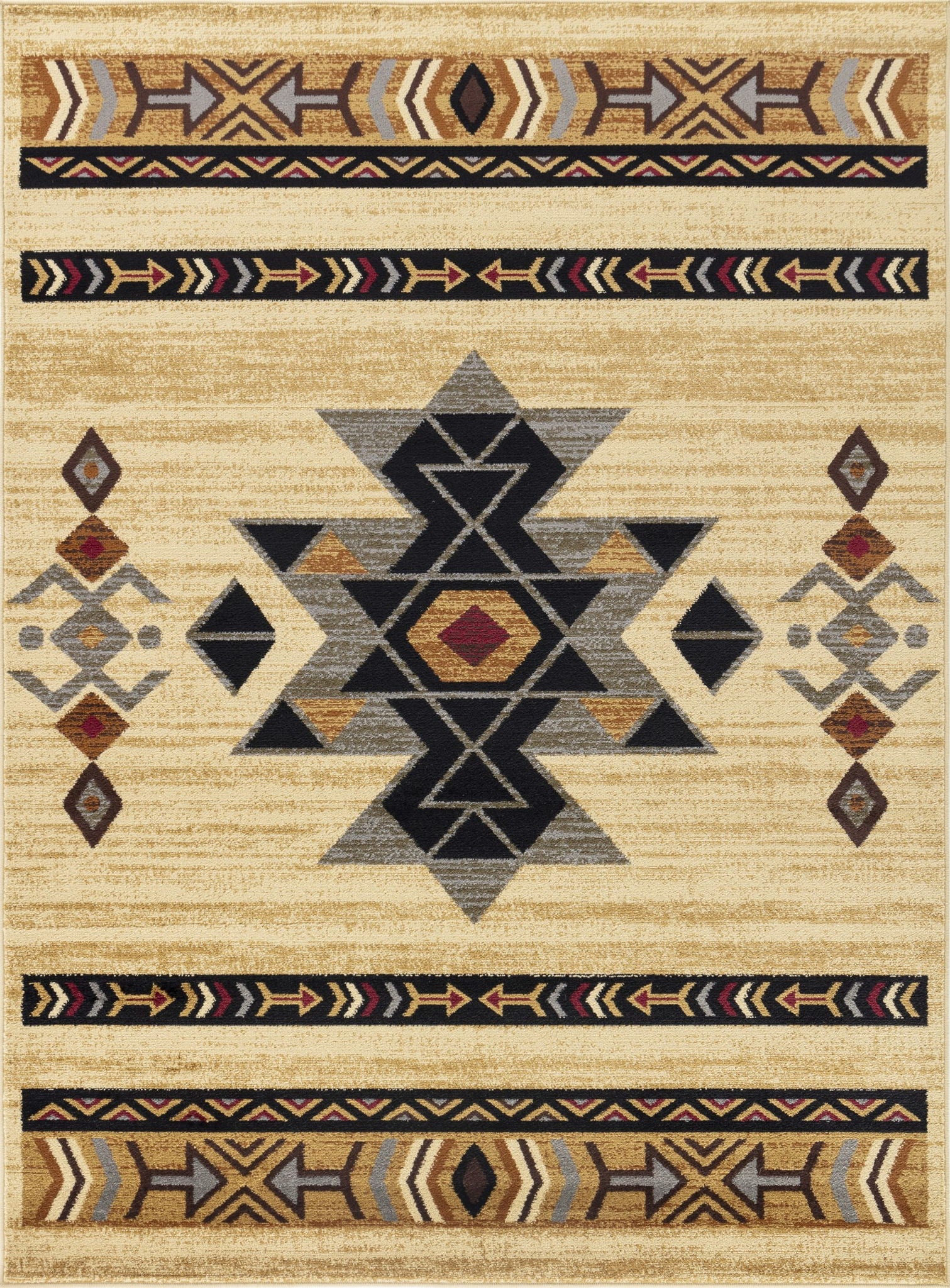 The Tribes GC_YLS4006 Southwest Area Rug features a beige base with a bold central geometric pattern in black, gray, and red, accented by smaller symmetrical shapes and horizontal bands with earthy arrow and diamond motifs.