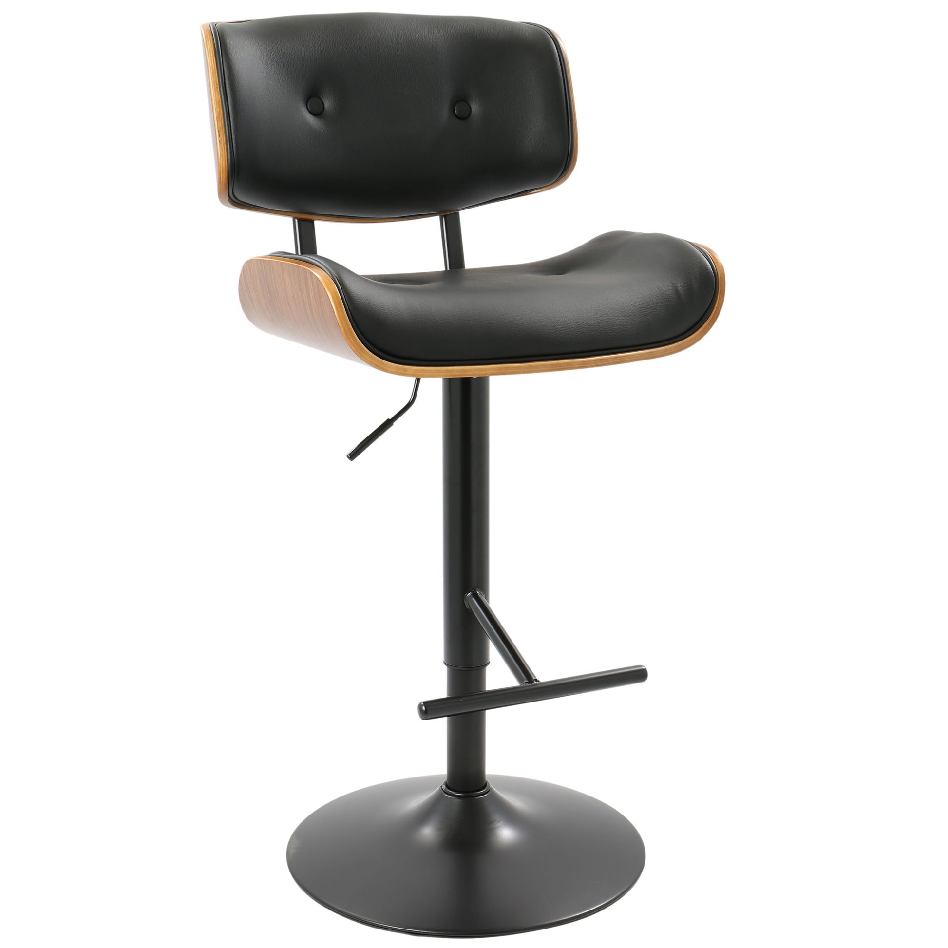The Lombardi - Mid Century Modern Adjustable Barstool features a black cushioned seat and backrest, wood trim, black metal base with footrest, and a height adjustment lever.