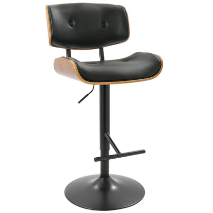 The Lombardi - Mid Century Modern Adjustable Barstool features a black cushioned seat and backrest, wood trim, black metal base with footrest, and a height adjustment lever.