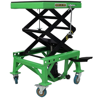 Hydraulic Motorcycle Scissor Jack Lift With Foot Step And Wheels For Dirt Bikes - Black / Green