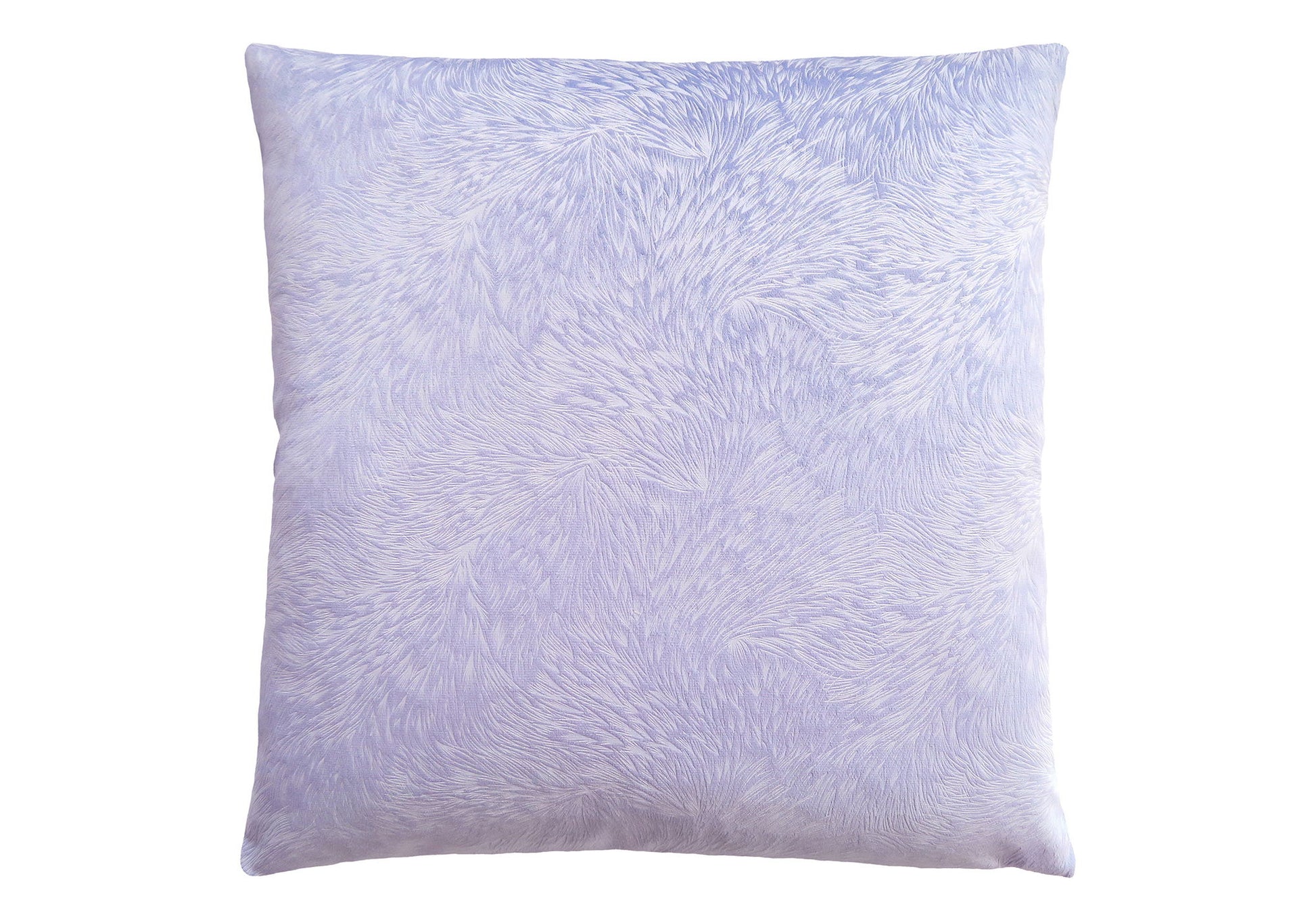 A modern, square decorative throw pillow in light purple with a soft, furry swirling texture; hypoallergenic and insert included.