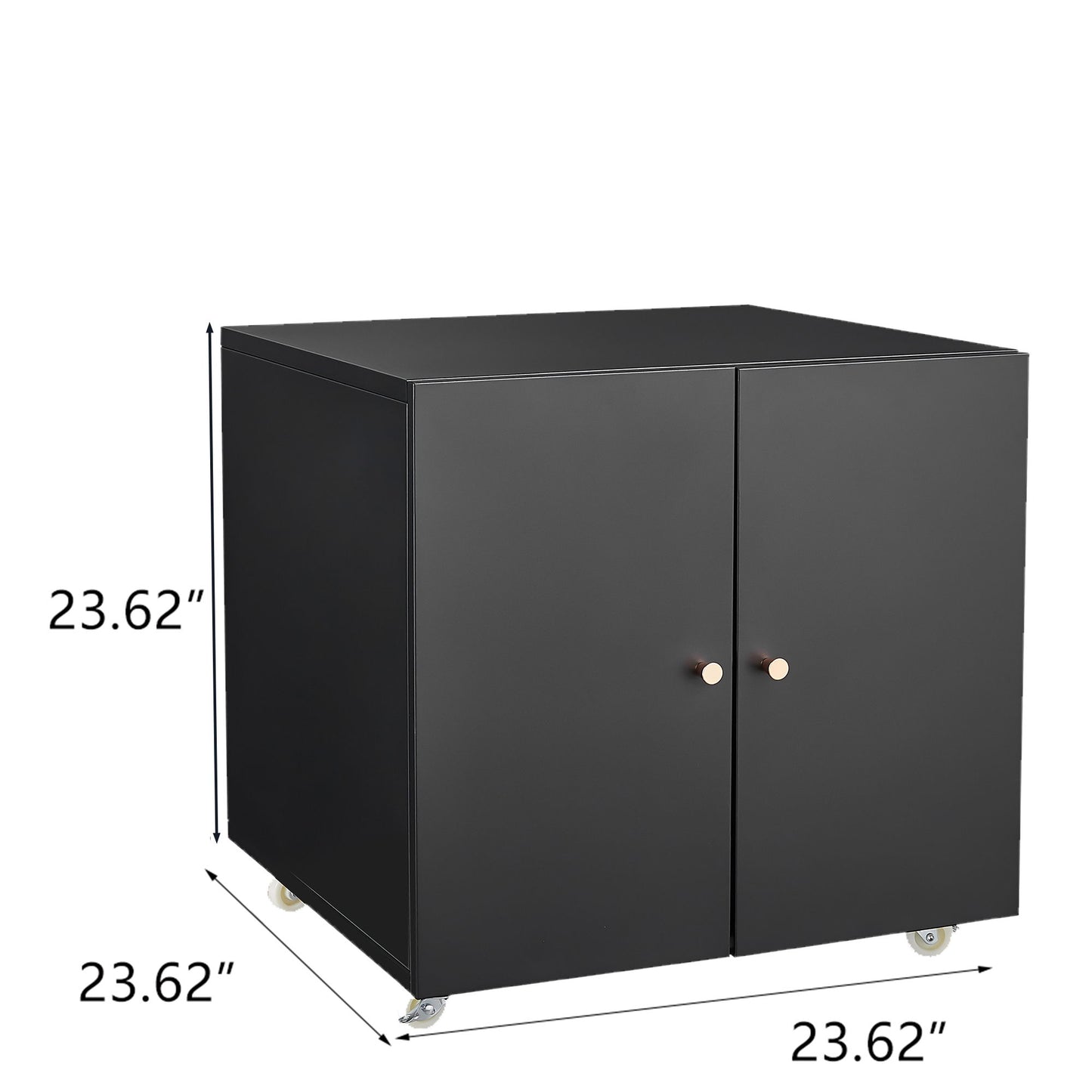 The Office Furniture Copier Cabinet is a black, square steel cabinet with two doors, silver handles, and four wheels. It measures 23.62" in height, width, and depth—ideal as a mobile pedestal file or printer stand.
