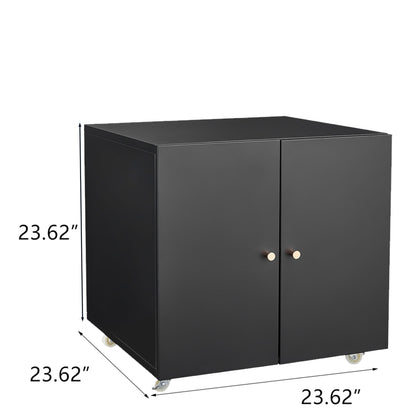 The Office Furniture Copier Cabinet is a black, square steel cabinet with two doors, silver handles, and four wheels. It measures 23.62" in height, width, and depth—ideal as a mobile pedestal file or printer stand.